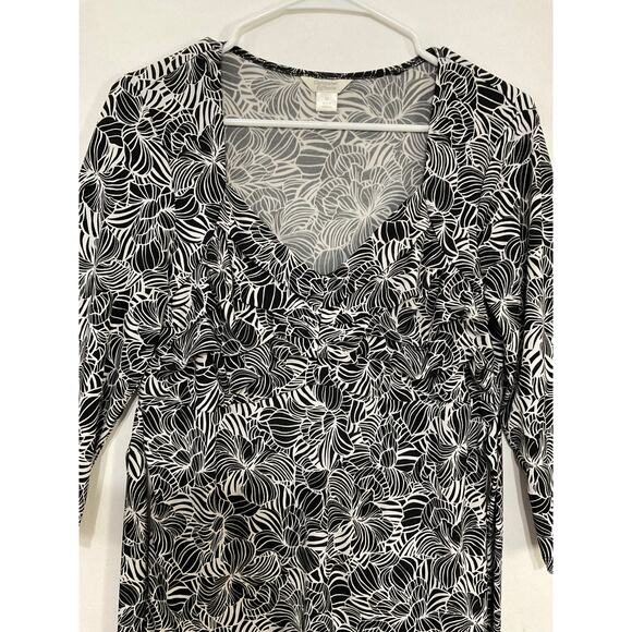 Christopher & Banks Black/White Floral Top 3/4 Sleeve Sz Medium Tie Back Stretch - Picture 4 of 6